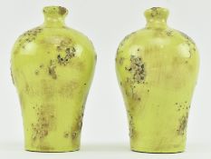 PAIR OF VINTAGE CHARTREUSE GLAZED STUDIO BUD VASES WITH BUBBLED FAT LAVA EFFECT