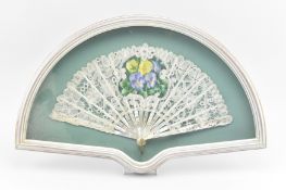 EARLY 20TH CENTURY LIKELY FRENCH LACE & MOTHER OF PEARL FAN, FRAMED