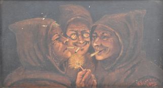 W. VEITCH - OIL ON BOARD PAINTING - THREE MONKS SMOKING