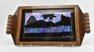 VINTAGE ART DECO BUTTERFLY WING RIO DE JANEIRO INLAID BREAKFAST TRAY