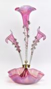 EARLY 20TH CENTURY CRANBERRY VASELINE GLASS EPERGNE CENTREPIECE WITH STEM VASES