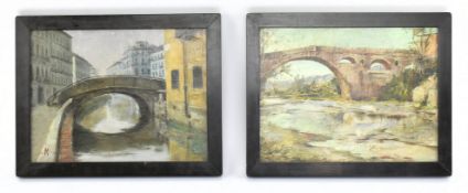 TWO EARLY 20TH CENTURY OIL ON BOARD PAINTINGS OF CONTINENTAL CITY BRIDGE SCENES