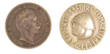 SECOND WORLD WAR ITALIAN FASCIST BADGE & GERMAN FIVE MARK COIN