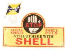 VINTAGE CAST IRON SHELL PETROL SIGN & GOOD YEAR ENAMEL SIGN