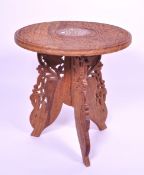 LATE 20TH CENTURY INDIAN OAK CARVED FOLDING STOOL / TABLE