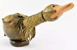 ITALIAN EMPOLI STYLE 20TH CENTURY LEATHER DUCK DECANTER BOTTLE