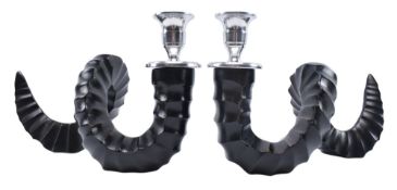 PAIR OF MODERN DESIGN CAST METAL AND CHROME HORN SHAPED CANDLESTICKS