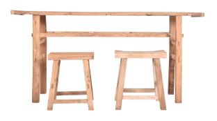 VINTAGE 20TH CENTURY RECLAIMED ELM HALL TABLE WITH TWO STOOLS