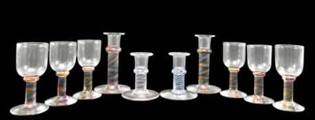 COWDY GLASS - SET OF SIX VINTAGE WINE GLASSES & TWO PAIRS OF CANDLESTICKS
