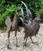 TWO VINTAGE CAST METAL DECORATIVE OUTDOOR GARDEN SCULPTURES OF COCKERELS