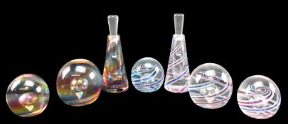 COWDY GLASS - FIVE STUDIO ART GLASS DUMP PAPERWEIGHTS & TWO PERFUME BOTTLES