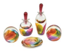 ROGER TYE - FIVE STUDIO ART GLASS PERFUME BOTTLES / PAPERWEIGHTS