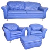 MODERN DESIGNER FOUR-PIECE BLUE LEATHER SOFA SUITE