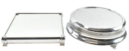 TWO LARGE VINTAGE SILVERED METAL CAKE STANDS INCL. MIRRORED EXAMPLE