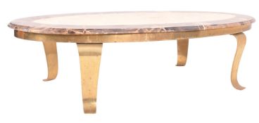 ITALIAN HOLLYWOOD REGENCY BRASS AND MARBLE OVAL SHAPED COFFEE TABLE