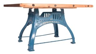 RETRO 20TH CENTURY HEYBRIDGE WORK PLANK TOP & CAST IRON TABLE