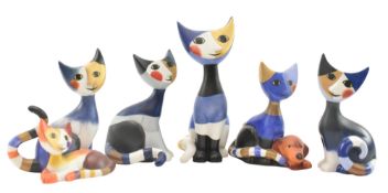 ROSINA WACHTMEISTER FOR GOEBEL - FIVE RETRO 1990S BISQUE PORCELAIN SEATED CAT FIGURINES