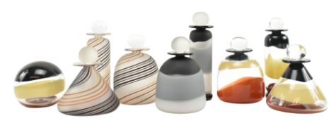 CHARLIE MEAKER - NINE STUDIO ART GLASS PERFUME BOTTLES WITH STOPPERS