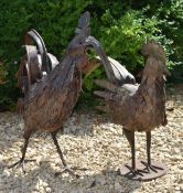 TWO VINTAGE CAST METAL GARDEN SCULPTURES OF COCKERELS