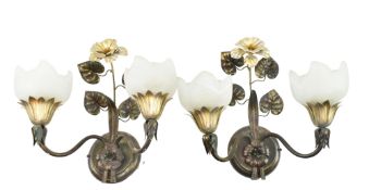 PAIR OF ITALIAN ART NOUVEAU STYLE METAL & FROSTED GLASS WALL SCONCES