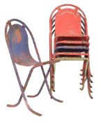 SIX VINTAGE GARDEN OUTDOOR PAINTED CAST IRON BENT CHAIRS IN RED, GREEN & BLUE