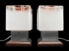 TONI ZUCCHERI FOR MAZZEGA, MURANO - PAIR OF 1970S GLASS & TEAK CUBE DESK LAMPS