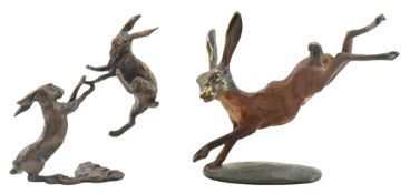 MICHAEL STOREY - TWO PATINATED BRONZE HARE SCULPTURES