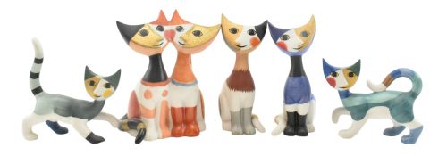 ROSINA WACHTMEISTER FOR GOEBEL - FIVE RETRO 1990S BISQUE PORCELAIN SEATED CAT FIGURINES