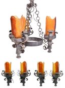 SET OF VINTAGE WROUGHT IRON & MURANO STYLE GLASS CHANDELIER & SCONCES
