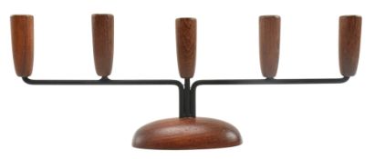DANISH MODERN DESIGN - VINTAGE TEAK & BLACK CHROME STEM CANDLESTICK HOLDER