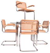 BRITISH MODERN DESIGN - VINTAGE CHROME & GLASS DINING TABLE WITH FOUR CANTILEVER CHAIRS