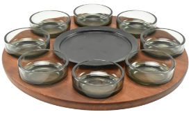VINTAGE DANISH INSPIRED 1970S TEAK & GLASS LAZY SUSAN SERVING TRAY