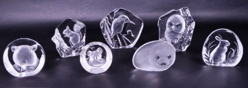 COLLECTION OF SEVEN 20TH CENTURY SWEDISH GLASS PAPERWEIGHTS
