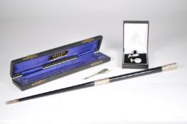 COLLECTION OF SILVER ITEMS, CUFFLINKS, BROOCH PIN & CONDUCTORS BATON