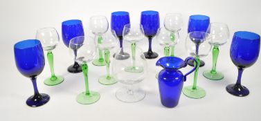 20TH CENTURY COBALT BLUE AND GREEN STEMMED DRINKING GLASSES