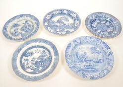 FIVE 19TH CENTURY BLUE AND WHITE POTTERY STONEWARE BOWLS