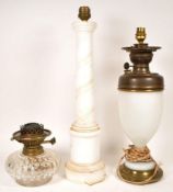 EARLY 20TH CENTURY VINTAGE ONYX LAMP BASE AND TWO OIL LAMPS