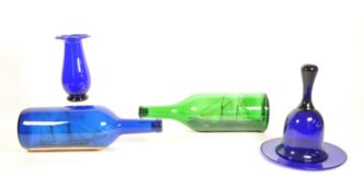 20TH CENTURY BRISTOL BLUE GLASS PIECES, SHIP IN A BOTTLE AND OTHERS