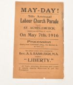 1916 MAY DAY 5TH ANNUAL LABOUR CHURCH PARADE POSTER FLYER