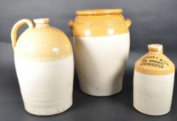 GROUP OF THREE VICTORIAN TWO TONE STONEWARE FLAGONS