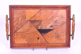 EARLY 20TH CENTURY WOODEN INLAY MARQUETRY SERVING TRAY