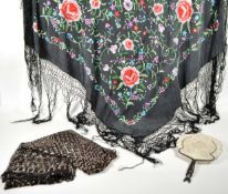 20TH CENTURY CHINESE SILK SHAWL, EGYPTIAN WEDDING SHAWL AND HAND FAN
