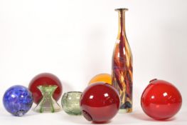 COLLECTION OF MID CENTURY COLOURED GLASS BOTTLES, VASES AND ORNAMENTS