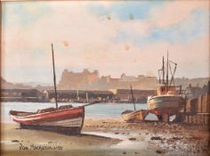 DON MICKLETHWAITE - UNTITLED SCENE OF BOATS AT HARBOUR - OIL ON BOARD PAINTING
