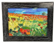 GEORGE ROWLETT (B. 1941) - POPPY FIELDS AT ST MARTINS MILL, KENT - OIL ON BOARD PAINTING