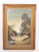 R POPE - 1890 OIL ON CANVAS PAINTING OF A SHEPHERD AND HIS SHEEP