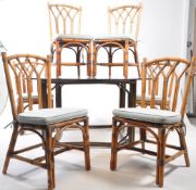 LATE 20TH CENTURY BAMBOO GLASS TOP GARDEN TABLE W SIX BAMBOO CHAIRS