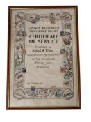 LONDON TRANSPORT BOARD FRAMED CERTIFICATE OF SERVICE