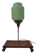 VINTAGE ART DECO TABLE LAMP WITH GREEN SHADE ON A WOODEN BASE
