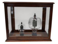 TWO RADIO TRANSMITTER THERMIONIC VALVES IN GLASS DISPLAY BOX
